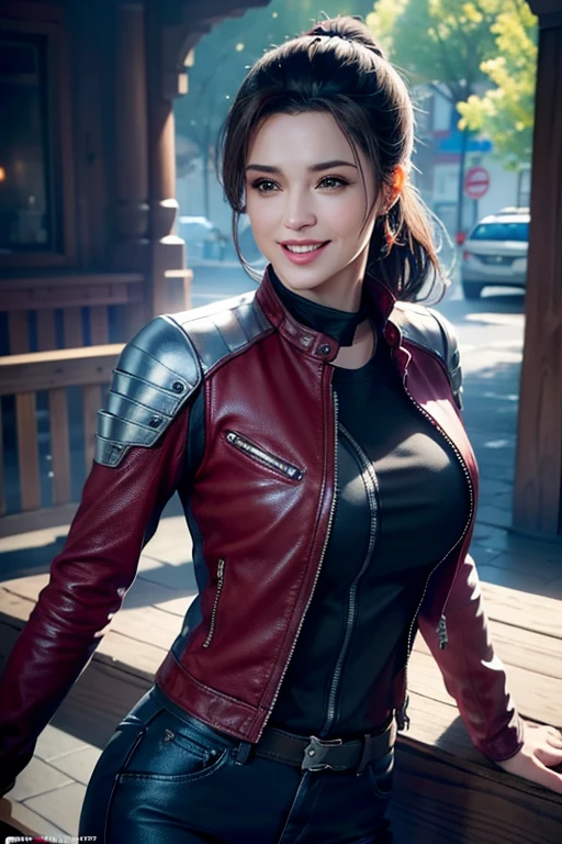 a gorgeous middle-aged busty woman, ponytail, leather jacket, lady bikers, motosport, beautiful smile showing teeth, pov, lover, cinematic lighting, (best quality,4k,8k,highres,masterpiece:1.2),ultra-detailed,(realistic,photorealistic,photo-realistic:1.37),HDR,UHD,studio lighting,ultra-fine painting,sharp focus,physically-based rendering,extreme detail description,professional,vivid colors,bokeh,portrait,photorealistic,cinematic,dramatic lighting