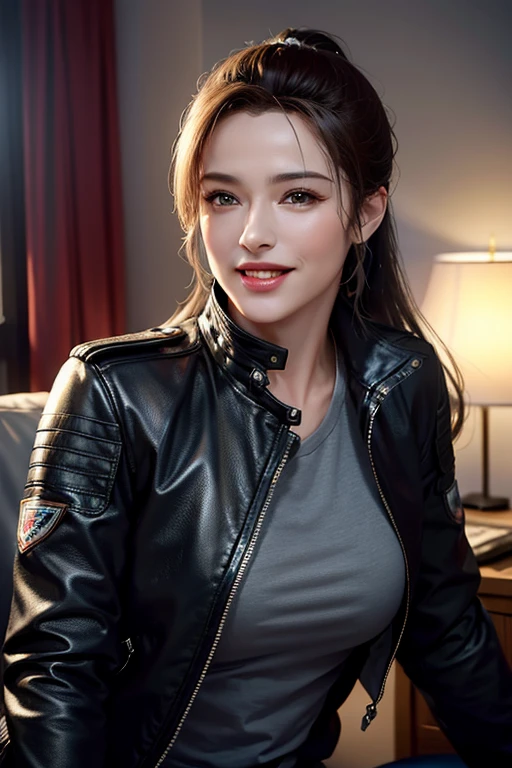 a gorgeous middle-aged busty woman, ponytail, leather jacket, lady bikers, motosport, beautiful smile showing teeth, pov, lover, cinematic lighting, (best quality,4k,8k,highres,masterpiece:1.2),ultra-detailed,(realistic,photorealistic,photo-realistic:1.37),HDR,UHD,studio lighting,ultra-fine painting,sharp focus,physically-based rendering,extreme detail description,professional,vivid colors,bokeh,portrait,photorealistic,cinematic,dramatic lighting
