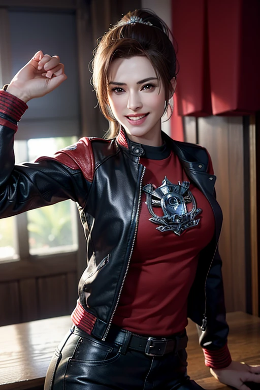 a gorgeous middle-aged busty woman, ponytail, leather jacket, lady bikers, motosport, beautiful smile showing teeth, pov, lover, cinematic lighting, (best quality,4k,8k,highres,masterpiece:1.2),ultra-detailed,(realistic,photorealistic,photo-realistic:1.37),HDR,UHD,studio lighting,ultra-fine painting,sharp focus,physically-based rendering,extreme detail description,professional,vivid colors,bokeh,portrait,photorealistic,cinematic,dramatic lighting