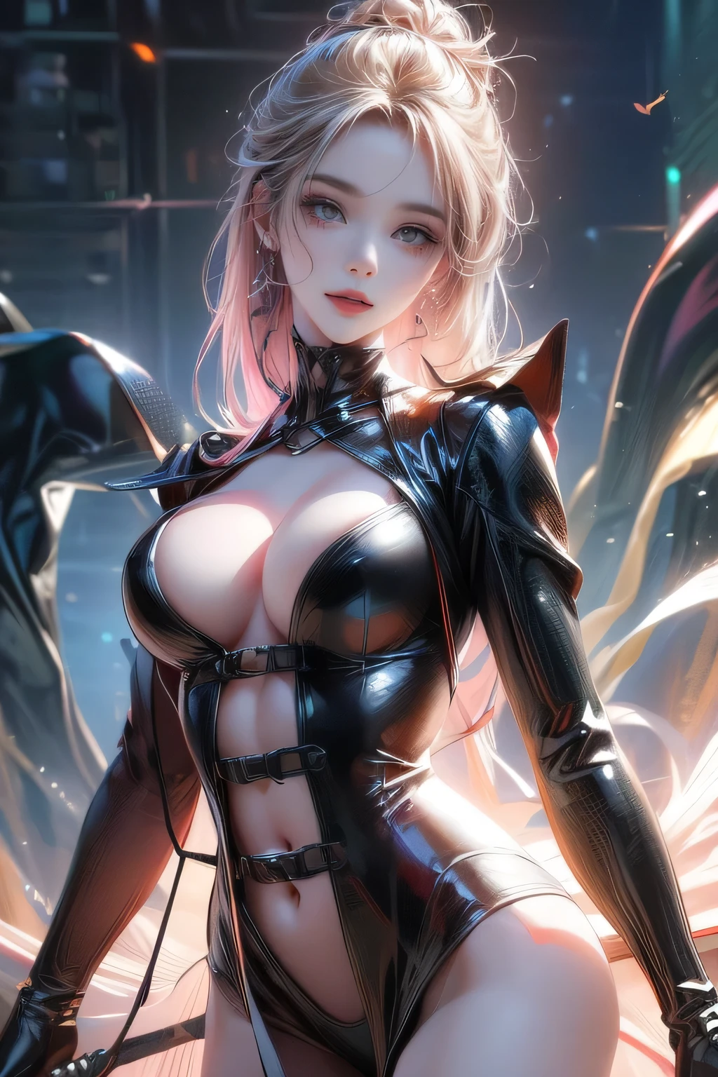 beautiful cute girl, heart-shaped sunglasses on forehead, black trench coat, hair flowing in the breeze, thigh-high boots, midriff-baring, 1girl, beautiful detailed eyes, beautiful detailed lips, extremely detailed eyes and face, long eyelashes, elegant, graceful pose, soft lighting, pastel color palette, dreamy, whimsical, fantasy, full-body view, (highest quality,16k,highres,masterpiece:1.2),ultra-detailed,(realistic,photorealistic,photo-realistic:1.37),HDR,UHD,studio lighting,ultra-fine painting,sharp focus,physically-based rendering,extreme detail description,professional,vivid colors,bokeh
