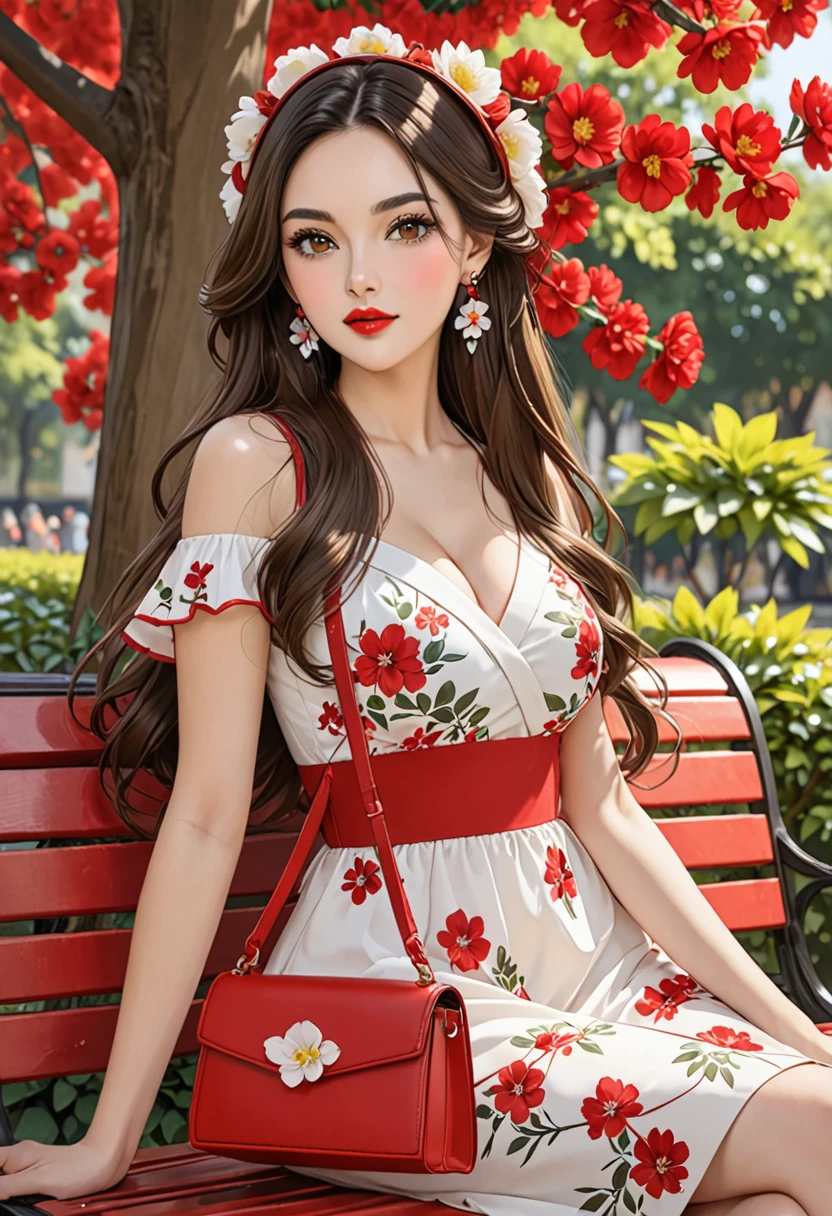 1girl solo long hair breasts looking at viewer brunette headgear dress brown eyes jewelry sitting upper body string flower earrings outdoors hair flower bag tree leaves handbag red lips bench