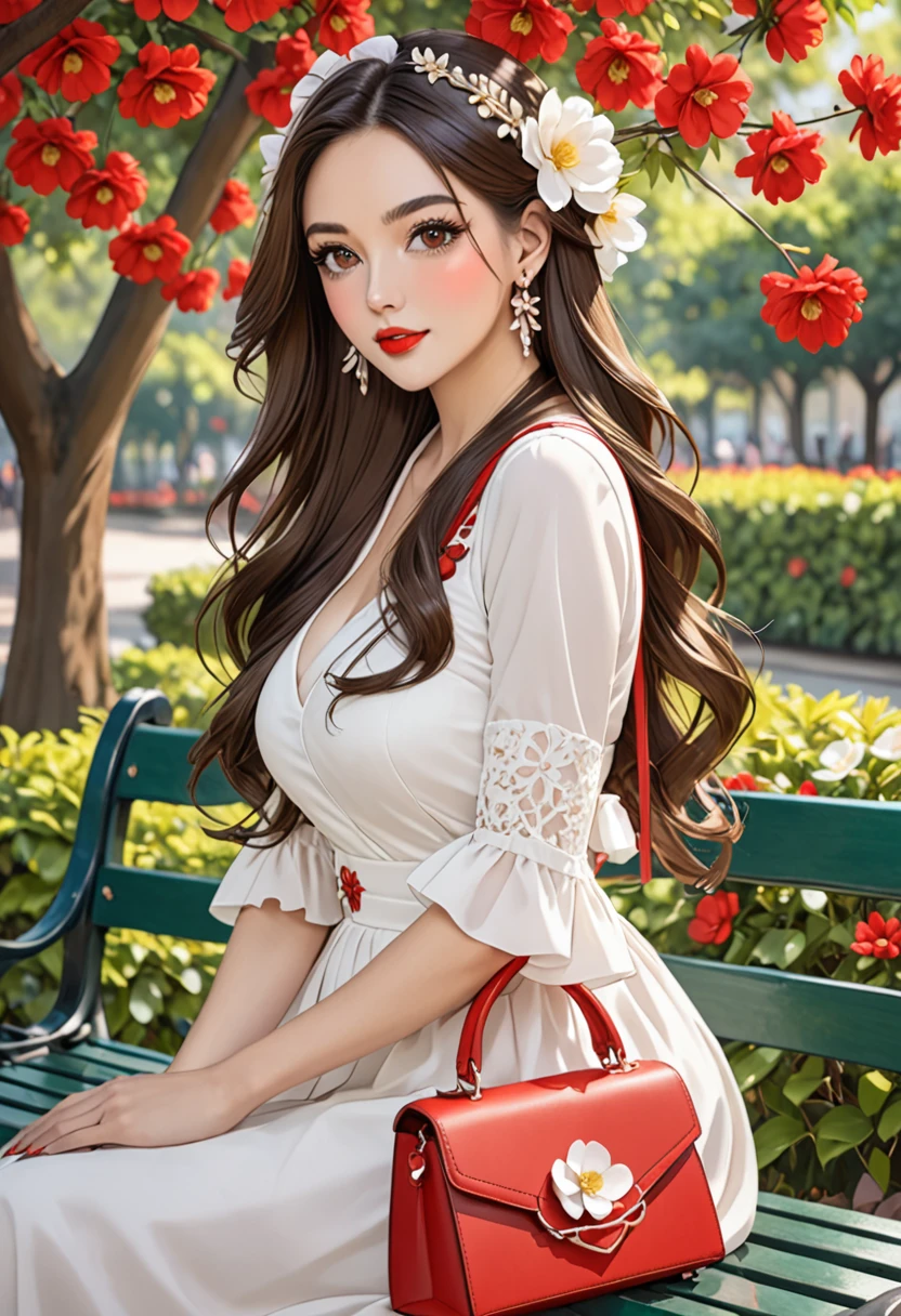 1girl solo long hair breasts looking at viewer brunette headgear dress brown eyes jewelry sitting upper body string flower earrings outdoors hair flower bag tree leaves handbag red lips bench