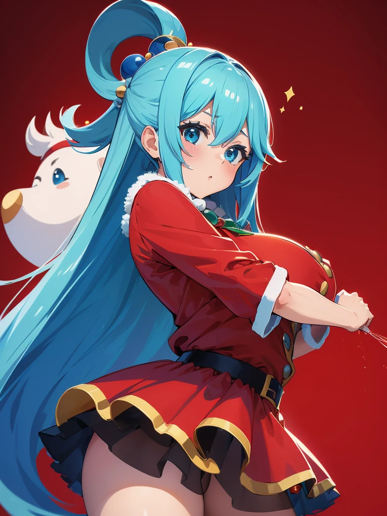 ((top quality)), ((masterpiece)), (Miniskirt with Santa Claus details), Red Santa Dress,perfect face, 1 girl, Aqua Konosuba