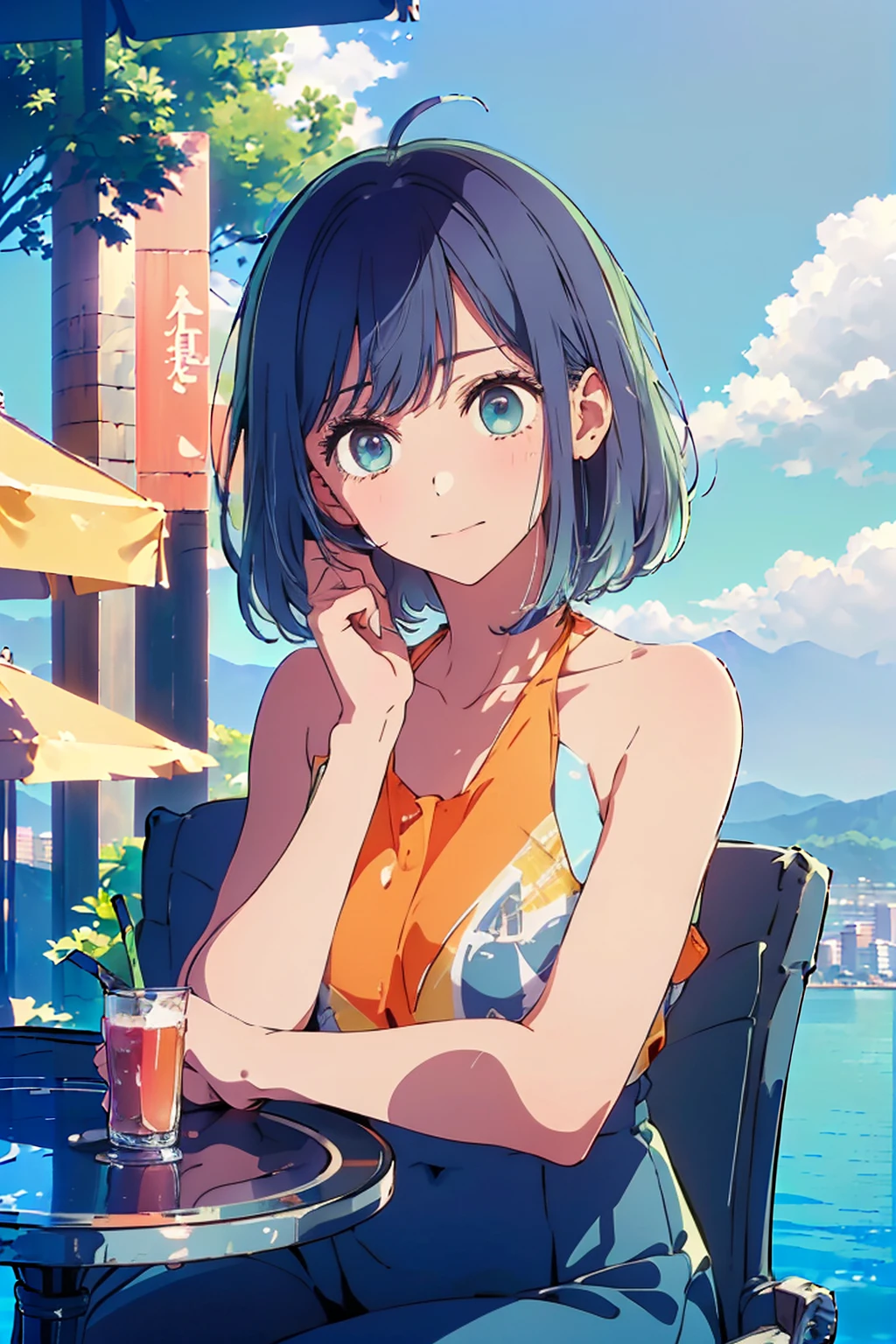 (Highest quality:1.4、masterpiece:1.4、超detailed:1.4、Ultra-high resolution:1.4、Absurd:1.4、Absolute Resolution:1.4、8K:1.4、detailed:1.4)、Slim body、((((1 person、sit、Happy expression、Chair、In the background are the urban buildings of Tokyo、looking at the camera、Outdoor café terrace、Navy hair color、juice、table、Very cute face))))、((((nude、very beautiful areola、valley))))、(Pose with hands tucked behind ears:1.4、Cheek resting on hand:1.4)、(bikini:1.1)、Very blue sky、A completely cloudless sky