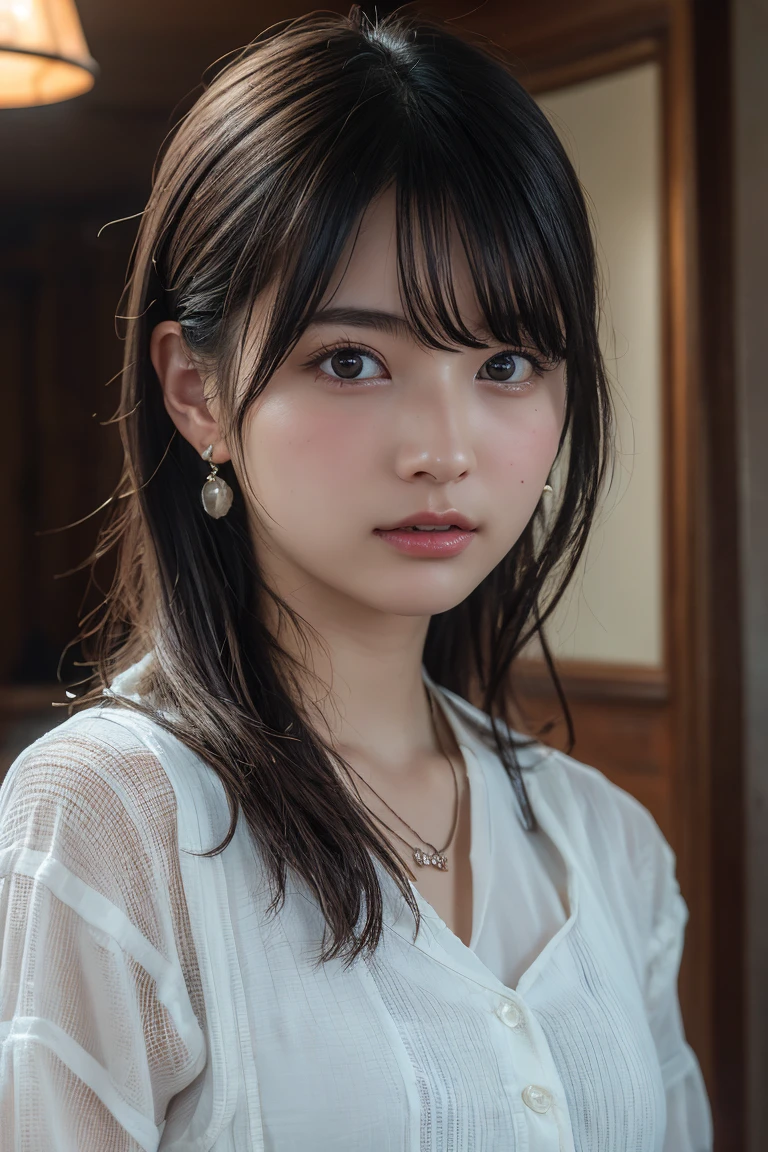 (Highest quality:1.4),(masterpiece:1.4),(Realistic:1.4),(Realistic:1.2),(超High resolution, RAW Photos:1.4),(High resolution, Ultra-detailed:1.2),(8K:1.2),View your viewers,Cinematic photography,One girl,skeletally correct,Black-haired woman,(Small earrings,necklace,Ghost Cosplay,View from the front),(Western-style building interior,Dimly lit room,The lamplight shines on my cheeks)
