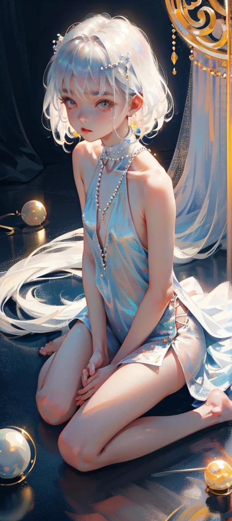 A girl、symmetry,Daughter,whole body 女恋,Put your hands together and bloom,(Very detailed:1.1),((small :1.2))、The eyes are well drawn、Charming eyes、Double tail、Wear jewelry and pearls around your neck,Transparent openwork、Deep V、Crystal Pearls、在Wear jewelry and pearls around your neck,white hair, show your thighs, Bare shoulders, Show Clavicle, Yao Liu, barefoot,((whole body))、painful posture