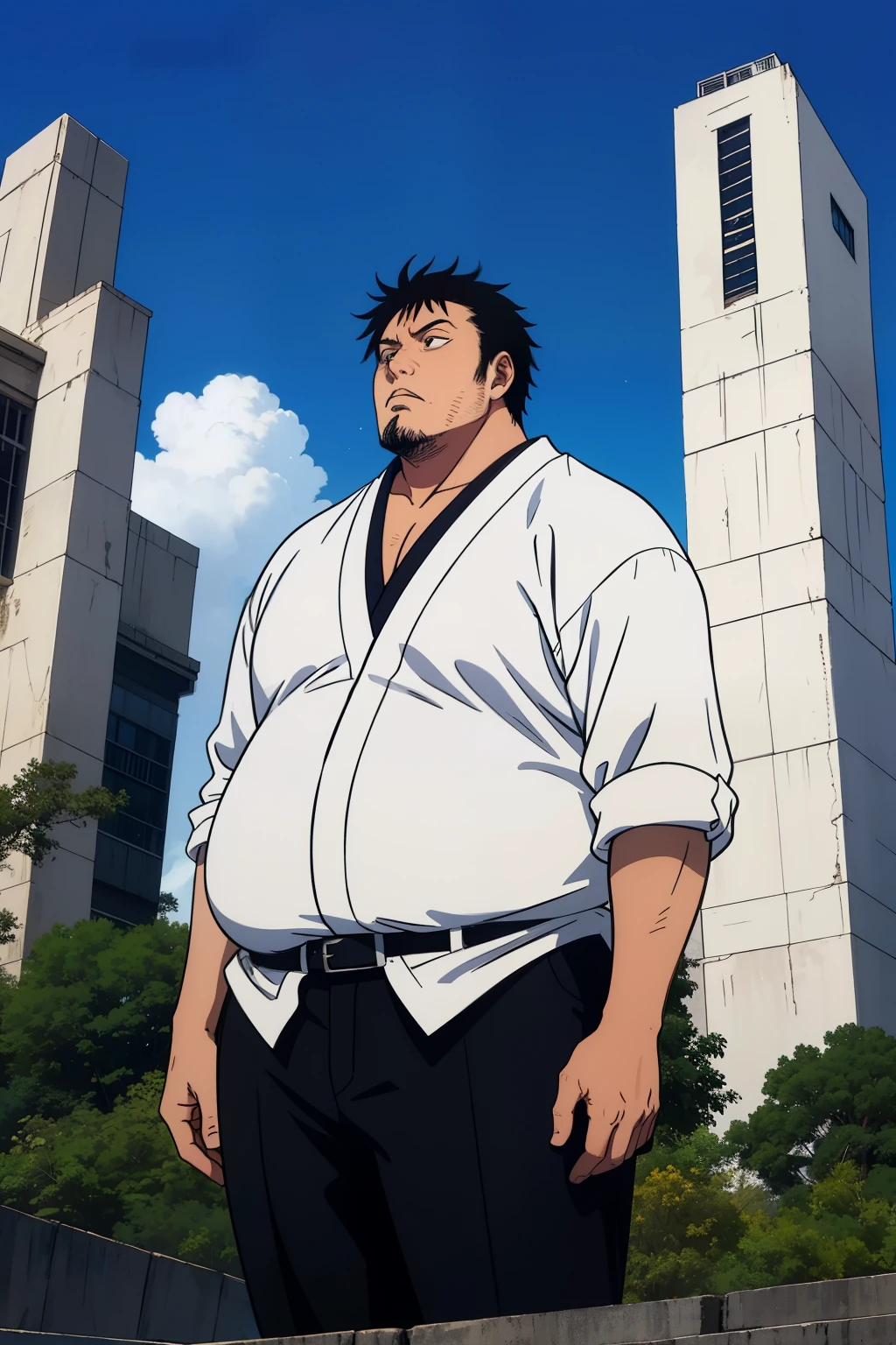Got it! Here's a revised prompt:
"Generate an image of a character resembling Soichiro Yagami from Death Note, portrayed as overweight. He stands in a serene outdoor setting with his sleek black hair styled in a slightly tousled manner. Despite his weight, his sharp, calculating eyes gaze thoughtfully into the sky, reflecting the colors of the heavens above. The scene captures him from the front, emphasizing his dignified demeanor and the quiet strength that defines him as both a father and a dedicated detective."