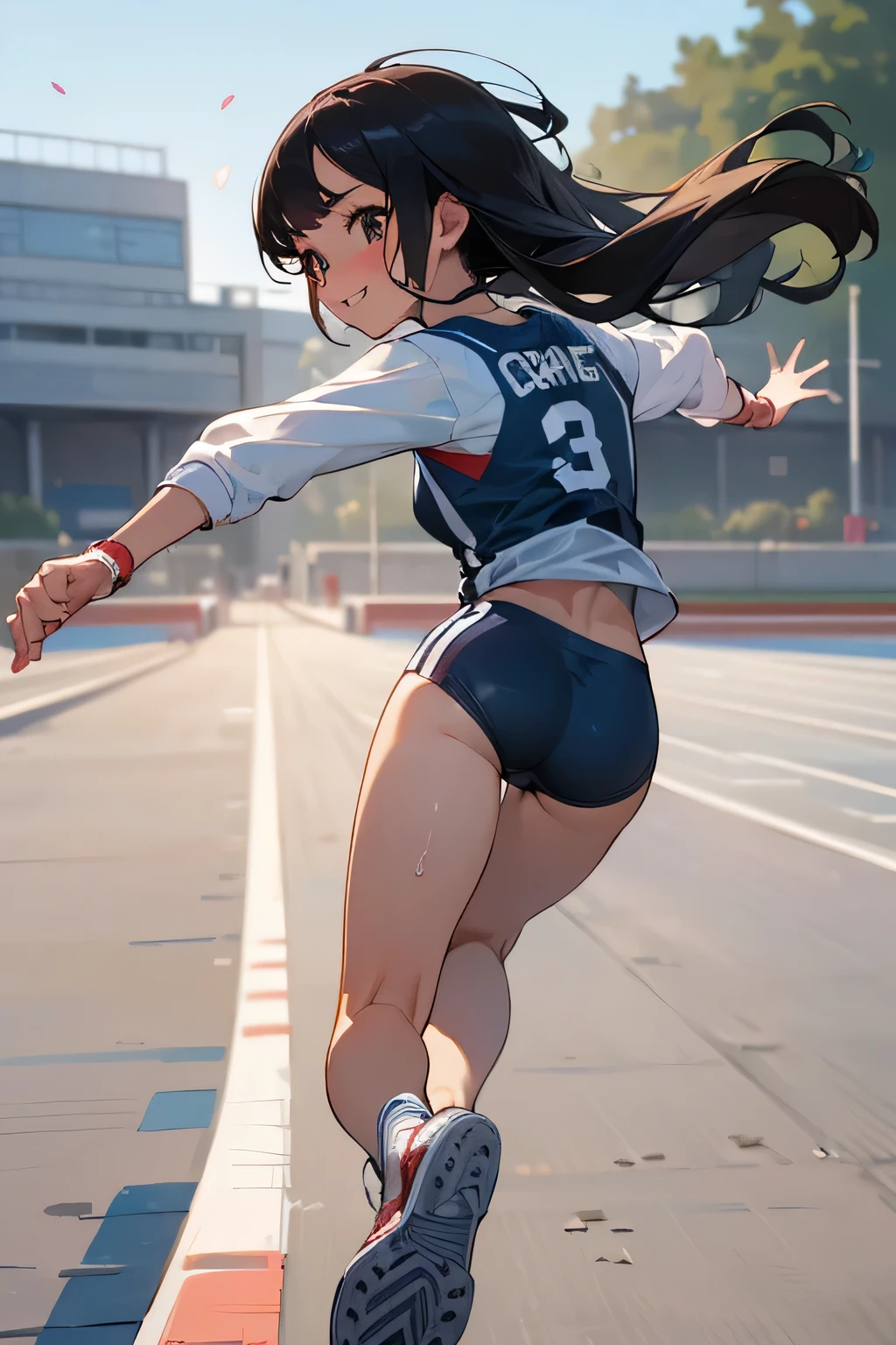 Highest quality、High resolution、Detailed Background、(Beautiful face in every detail:1.2)、Normal number of fingers、Anatomically correct、Teenage beauty、Detailed face、cute hair color、Sexy sportswear、Track and field athlete、Attractive ass、(Shooting from behind while running:1.5)、Dynamically expressing acceleration、smile、cute