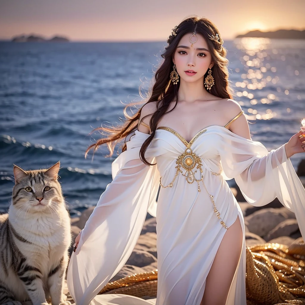 a beautiful greek goddess in a white tunic, thin and beautiful face, upturned nose and shoulder-length curly hair, small brown eyes adorned with golden jewelry and crystal, surrounded by cats and singing birds, sunset over the sea, cinematic, highly detailed, photorealistic, dramatic lighting, vivid colors