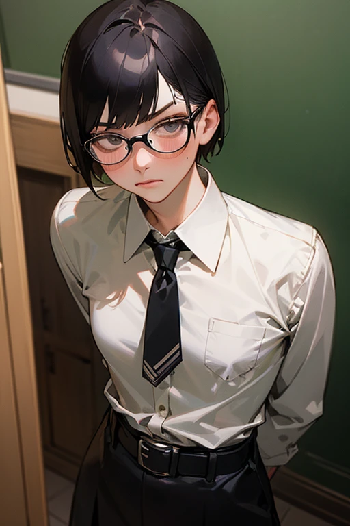 (masterpiece, Highest quality: 1.2), night(Chainsaw Man),(Highly detailed face, The real picture, Realistic Skin, Realistic body, Intricate details), (Intimidating look), A slight blush, Social attire, Half-open button-up shirt (white), whiteいブラジャー, skirt (black), black belt with buckle, short hair, Glasses, Small breasts, close, Big thighs, classroom, blackboard.Teaching lessons、