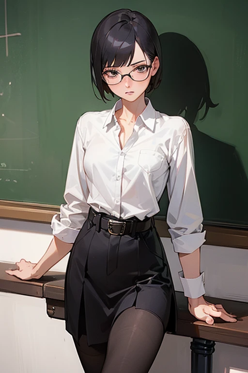 (masterpiece, Highest quality: 1.2), night(Chainsaw Man),(Highly detailed face, The real picture, Realistic Skin, Realistic body, Intricate details), (Intimidating look), A slight blush, Social attire, Half-open button-up shirt (white), whiteいブラジャー, skirt (black), black belt with buckle, short hair, Glasses, Small breasts, close, Big thighs, classroom, blackboard.Teaching lessons、