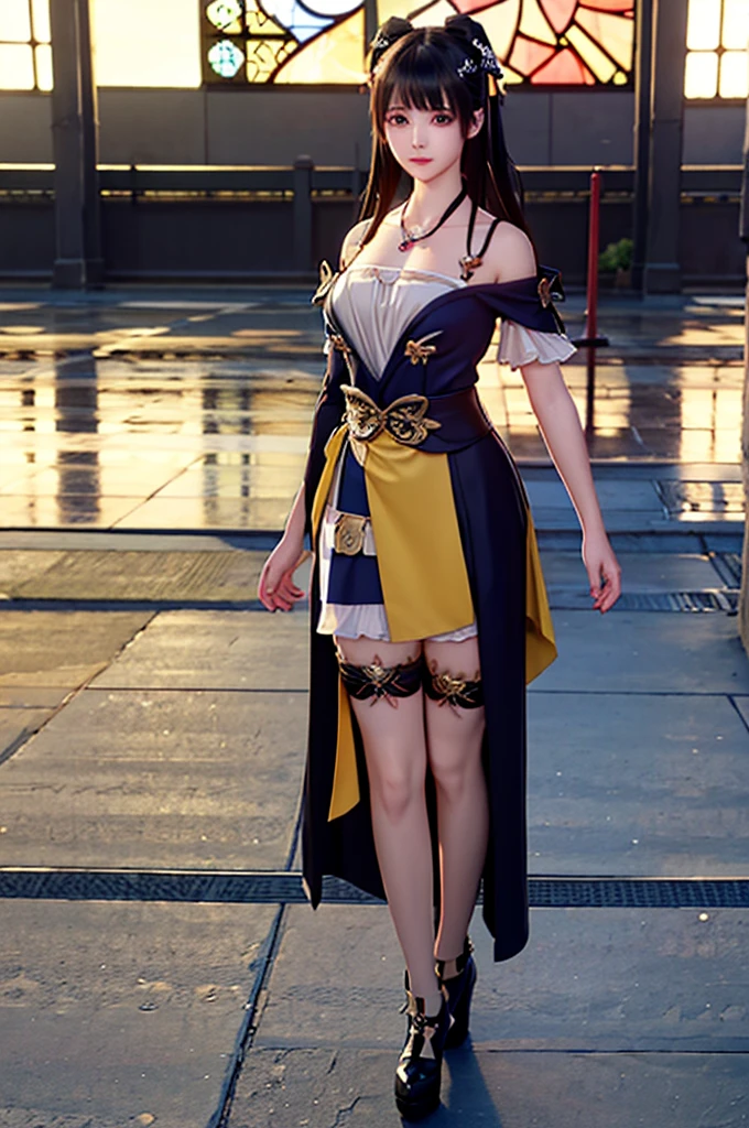 Nino　nanaco、short hair, Twin tails、Random color hair、 blue eyes, hair ornaments, Hair Ribbon, blunt , Both sides up, butterfly hair ornaments, skirt,Off the shoulder、Random color see-through kunoichi costume、Japanese see-through female samurai costume、See-through female ninja costume,, Open clothes, Collared dress emphasizes cleavage、胸の谷間のSweat is noticeable、Professional lighting light reflection、 looking at viewer, (masterpiece:1.2), Highest quality, High resolution, unity 8k wallpaper, (figure:0.8), (Beautiful fine details:1.6), Highly detailed face, Perfect lighting, Highly detailed CG, (Perfect hands, Perfect Anatomy),heavy rain、heavy rainで全身びしょ濡れ、heavy rainで全身びしょ濡れの服、High heels、 ((Perfect handsの形))、(Perfect foot shape、Embarrassed expression、blush、Gestures to seduce a man、Shining Sweat、Perfect Skin,Sweat is noticeable、太もものSweat is noticeable、 Fair skin,Tight waist, Sweating profusely、Sweaty hair、Sweaty clothes、Sweaty、Visible sweat、rain-wet hair、A vast Western church with stained glass windows、Holding a Japanese sword、Athlete System、cherry blossoms