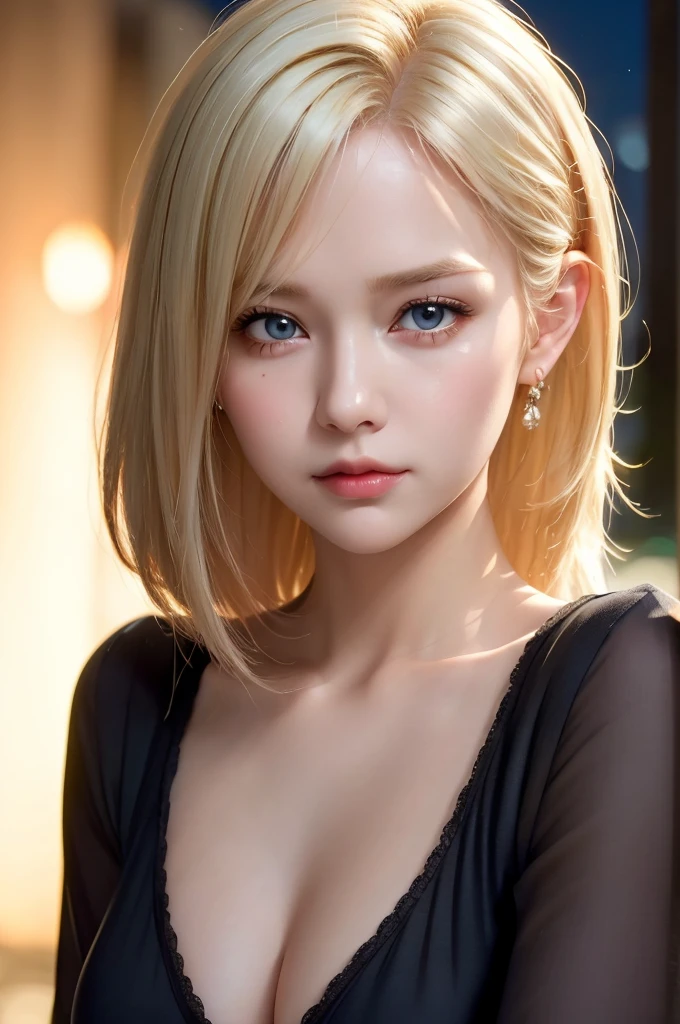 (masterpiece), (best quality), Ultra-high resolution, Raw photo, A photo-realistic, super cute woman, 1girl, (perfect face:1.2), (beautiful face:1.2), platinum blonde hair, medium hair, (closeup, upper body:1.3), sad expression, looking at viewer, pose, black button-up shirt, outdoors, night time, intricate, depth of field, cinematic lighting, tears