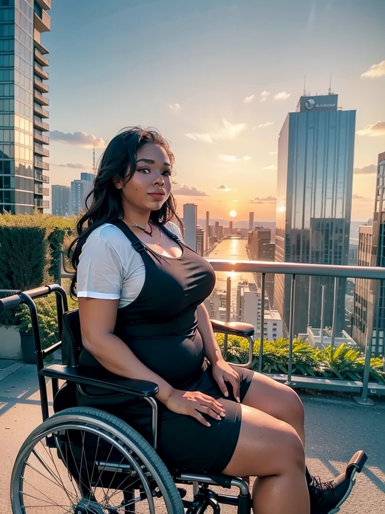 a more realistic image with a chubby black woman next to the wheelchair user, both enjoying the sunset on the edge of the building.