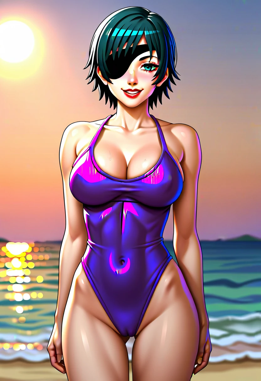 mature female, mature, Adult,((Himeno_CSM)), Himeno(Chainsaw Man), Eye patch, One Girl, solo, Grin, Villain, bad woman, chest, Black Hair, View your audience, short hair, Seductive smile, Beach, Night, Tentacle Background, Purple leotard, sweet, Steam, dripping, warm feeling, masterpiece, Top animation quality，Top image quality，cinematic feeling