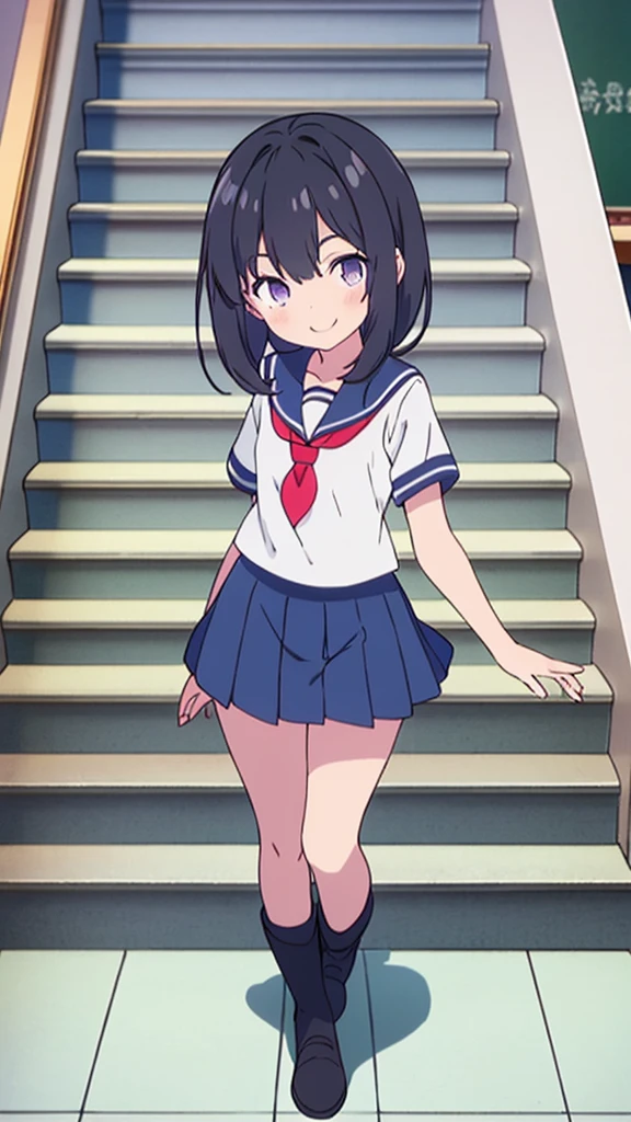 school stairs　 girl, 8 years　flat chelack fur, blue with long purple tone, purple eyes　SMILE　White upper body, Navy short-sleeved sailor uniform.　Navy blue miniskirt and white panties. （（I can see her panties）） white socks　sport boots　school stairs　Standing Dynamic angle Low angle