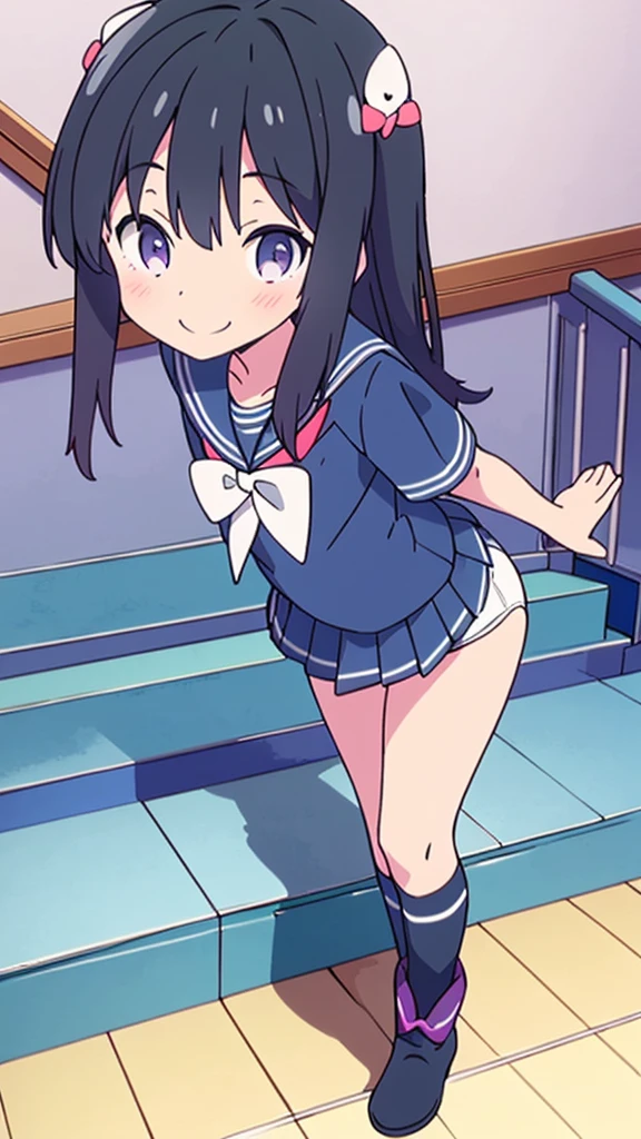 school stairs primary school girl, 8 years flat chest, black fur, blue with long purple tone, purple eyes SMILE White upper body, Navy short-sleeved sailor uniform. Navy blue miniskirt and white panties. ((I can see her panties)) white socks sport boots school stairs Standing Dynamic angle Low angle