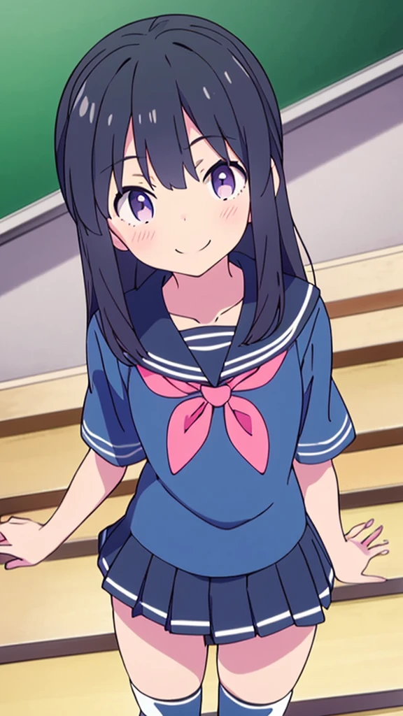 school stairs　 girl, 8 years　flat chelack fur, blue with long purple tone, purple eyes　SMILE　White upper body, Navy short-sleeved sailor uniform.　Navy blue miniskirt and white panties. （（I can see her panties）） white socks　sport boots　school stairs　Standing Dynamic angle Low angle