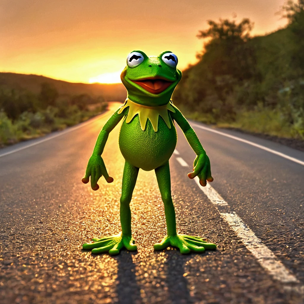 Kermit the frog going to sunset on road