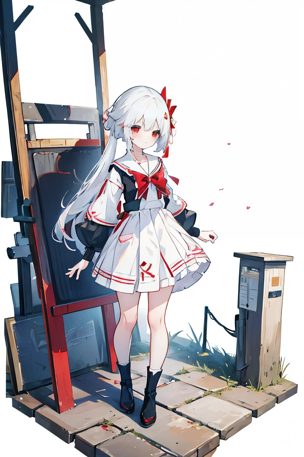 アニメの女の子 with white hair and red bow sitting on the ground, Sailor dress, Cute girl anime visuals, young anime girl,  pretty anime girl, White Hair Girl,  White background、Full-body portrait、Black boots、Red Eyes、Marine color dress、Knee-high socks、whiteback、Standing girl,Stand Up、Girl standing with a handgun