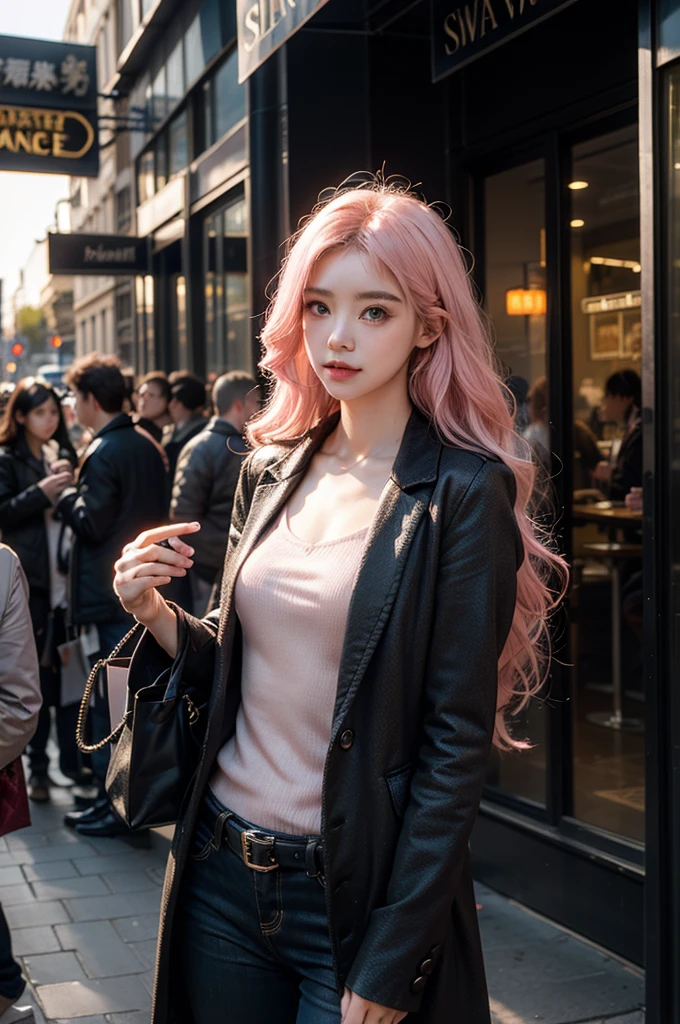 Light pink hair, blue eyes, Champs Elysees, Vibrant colors, steampunk Costume、 Sunset behind, Ray Tracing, Wavy long hair、shopping