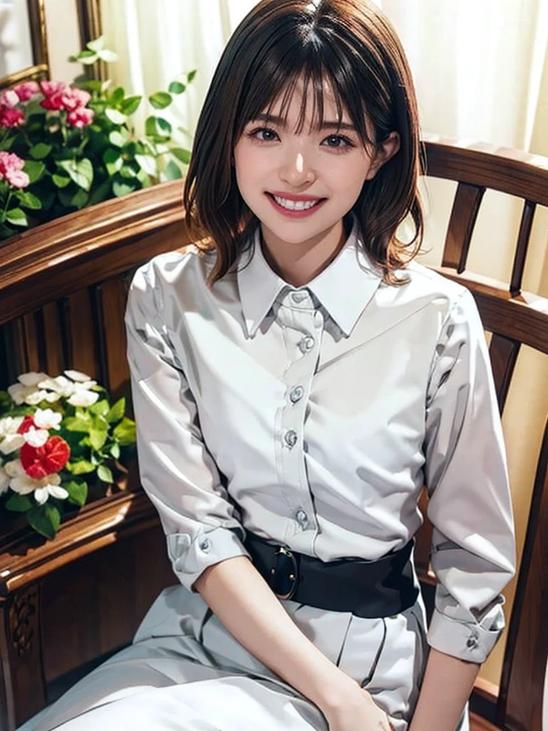 raw photo, 1girl, cute face, beautiful face, medium breast, collared blouse, White blouse, light smile, detailed skin, simple background, Above the knee, sit on a chair, Seductive pose, photorealistic, masterpiece, best quality, anatomically correct