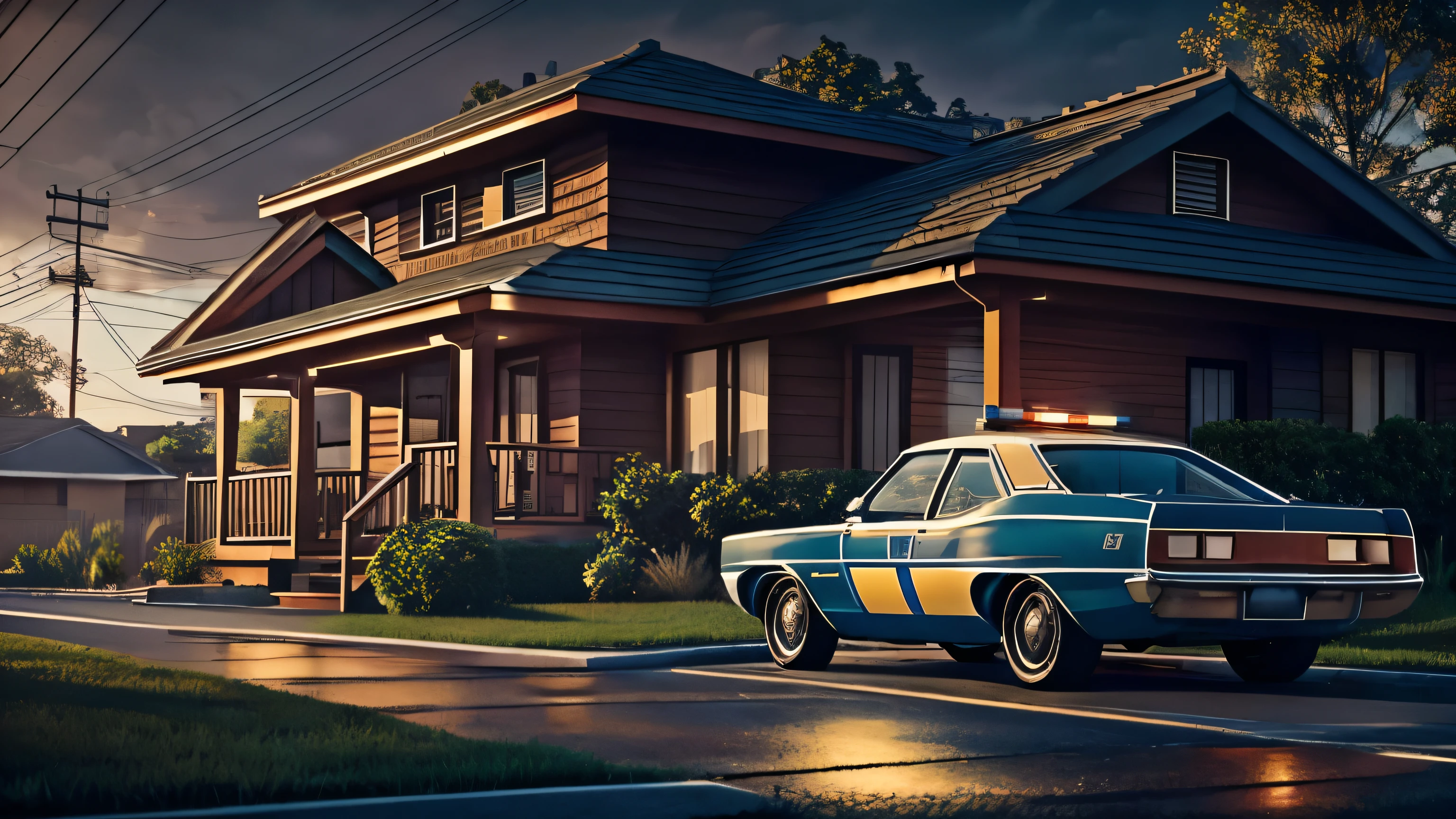 1970s urban home,police cars surrounding the house,cinematic lighting,dramatic shadows,muted color palette,moody atmosphere,gritty realism,high contrast,sharp details,photorealistic,masterpiece,(best quality,8k,ultra-detailed,professional)