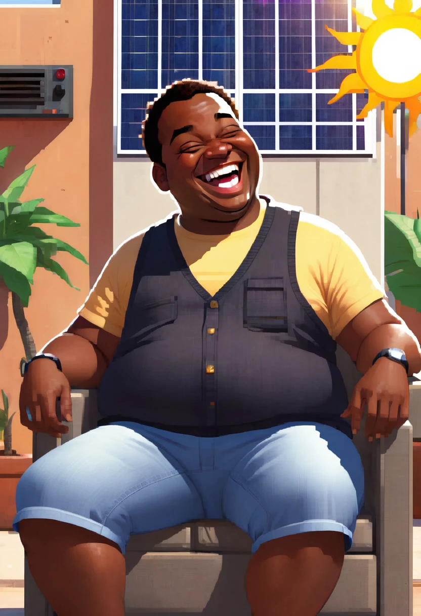 A slightly fat, black man with very short hair sitting in an armchair in front of a solar panel laughing an evil laugh, with a villainous scenario