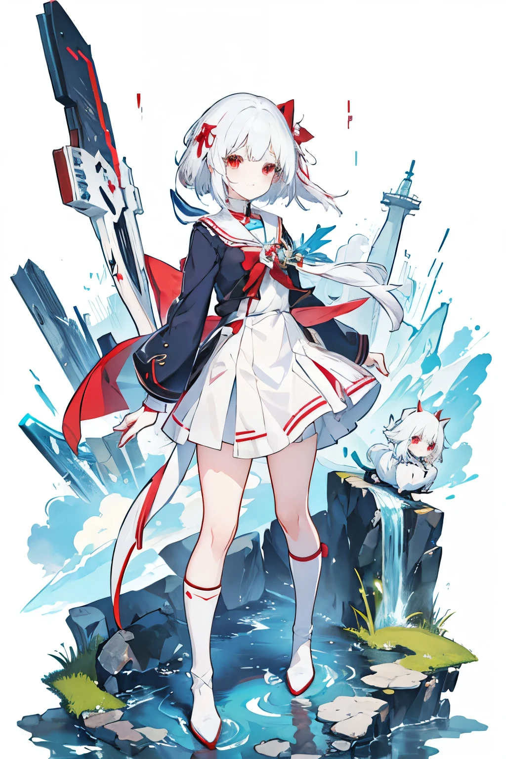 アニメの女の子 with white hair and red bow sitting on the ground, Sailor dress, Cute girl anime visuals, young anime girl, pretty anime girl, White Hair Girl, White background、Full-body portrait、Black boots、Red Eyes、Marine color dress、Knee-high socks、whiteback、Standing girl,Stand Up、Girl standing with a handgun