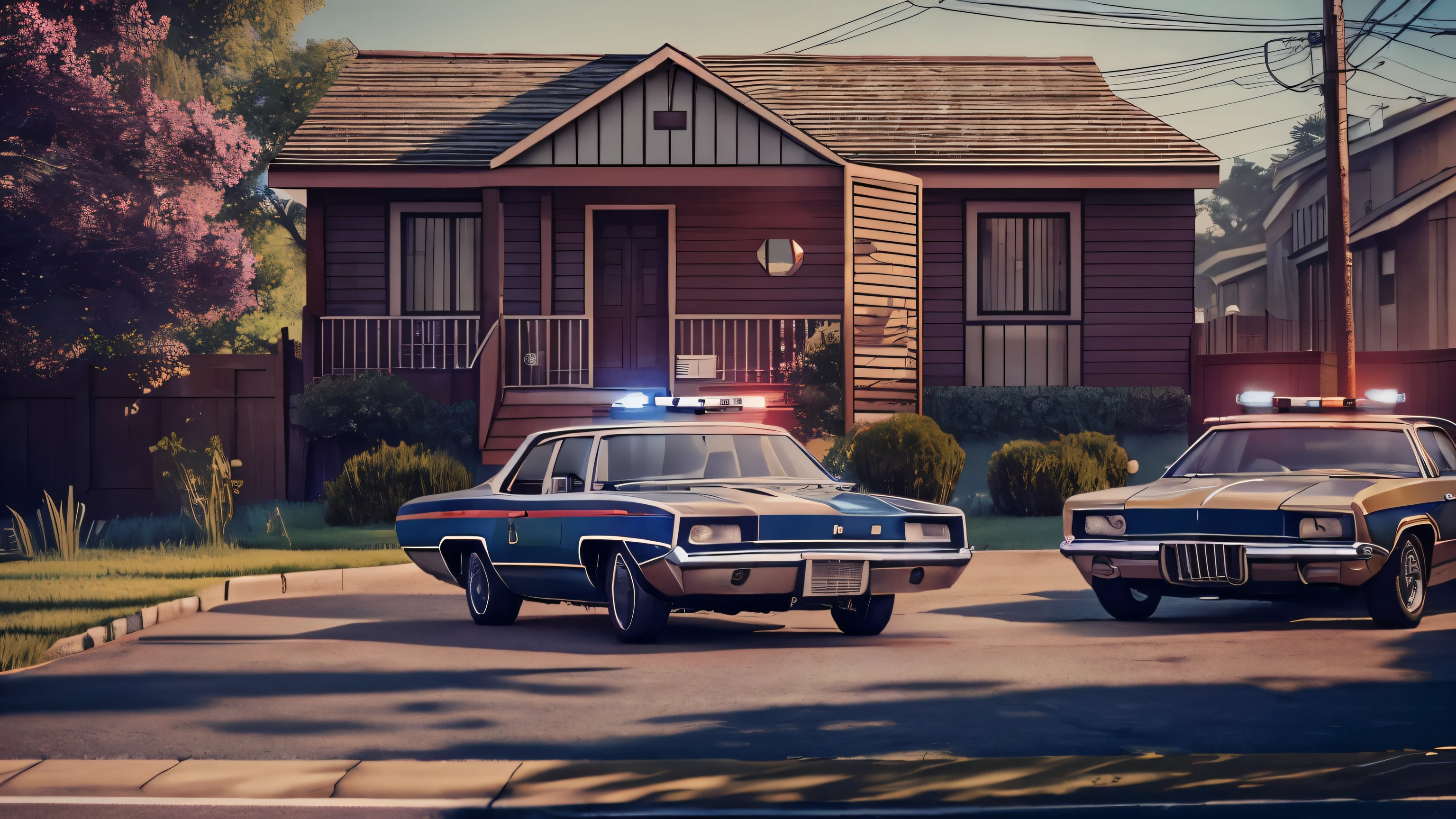 1970s urban home,police cars surrounding the house,cinematic lighting,dramatic shadows,muted color palette,moody atmosphere,gritty realism,high contrast,sharp details,photorealistic,masterpiece,(best quality,8k,ultra-detailed,professional)