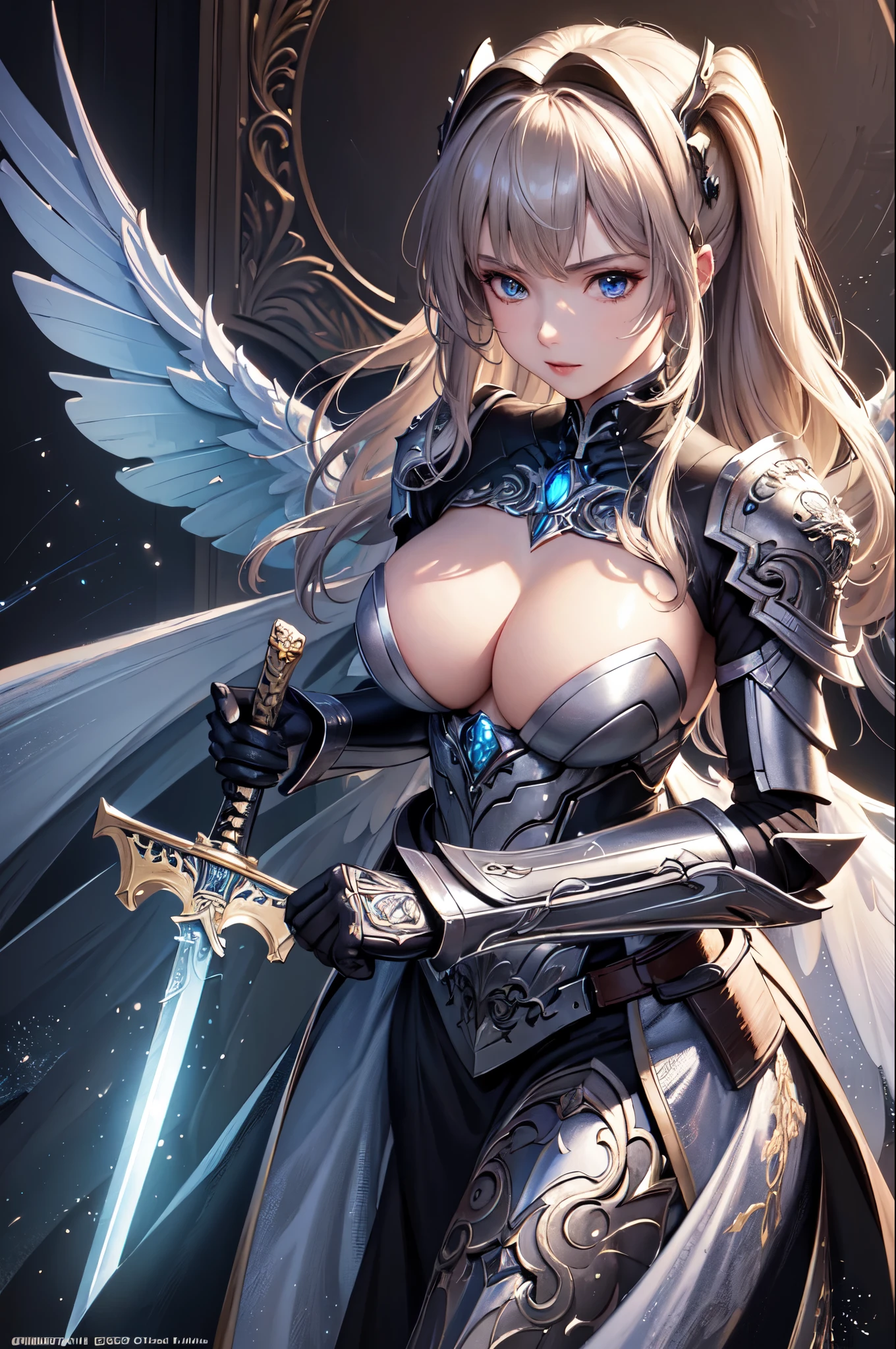(Masterpiece, Best Quality: 1.3), Extremely Detailed, Intricate, 8k, HDR, Wallpaper, Cinematic Lighting, (Universe), (Sword Grip: 1.3), Glowing, Armor, Glowing Eyes, Female Mecha, Large Wings,