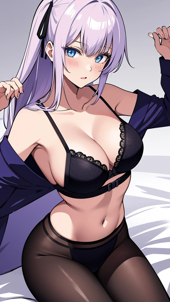 (masterpiece, best quality:1.2), expressive eyes, perfect face, highres, 1girl, 15 years old, solo, (female:1.5), SatoruGojo, blue eyes, full body view, looking at the viewer, hypnotized to do what ever the viewer want, wearing fancy black bra with special purple pattern on it and fancy special skirt, fancy white hair, blush, cute, ????