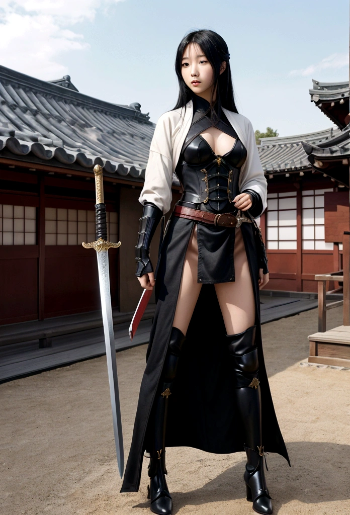 Japanese woman, about 18 years old, cute, black hair that is too long, slender physique, full body photo frame, wearing Western armor but mostly naked, carrying a sword that doesn't suit her body. , expression and posture of being troubled by the weight of the sword, Edo period cityscape, high quality, high resolution