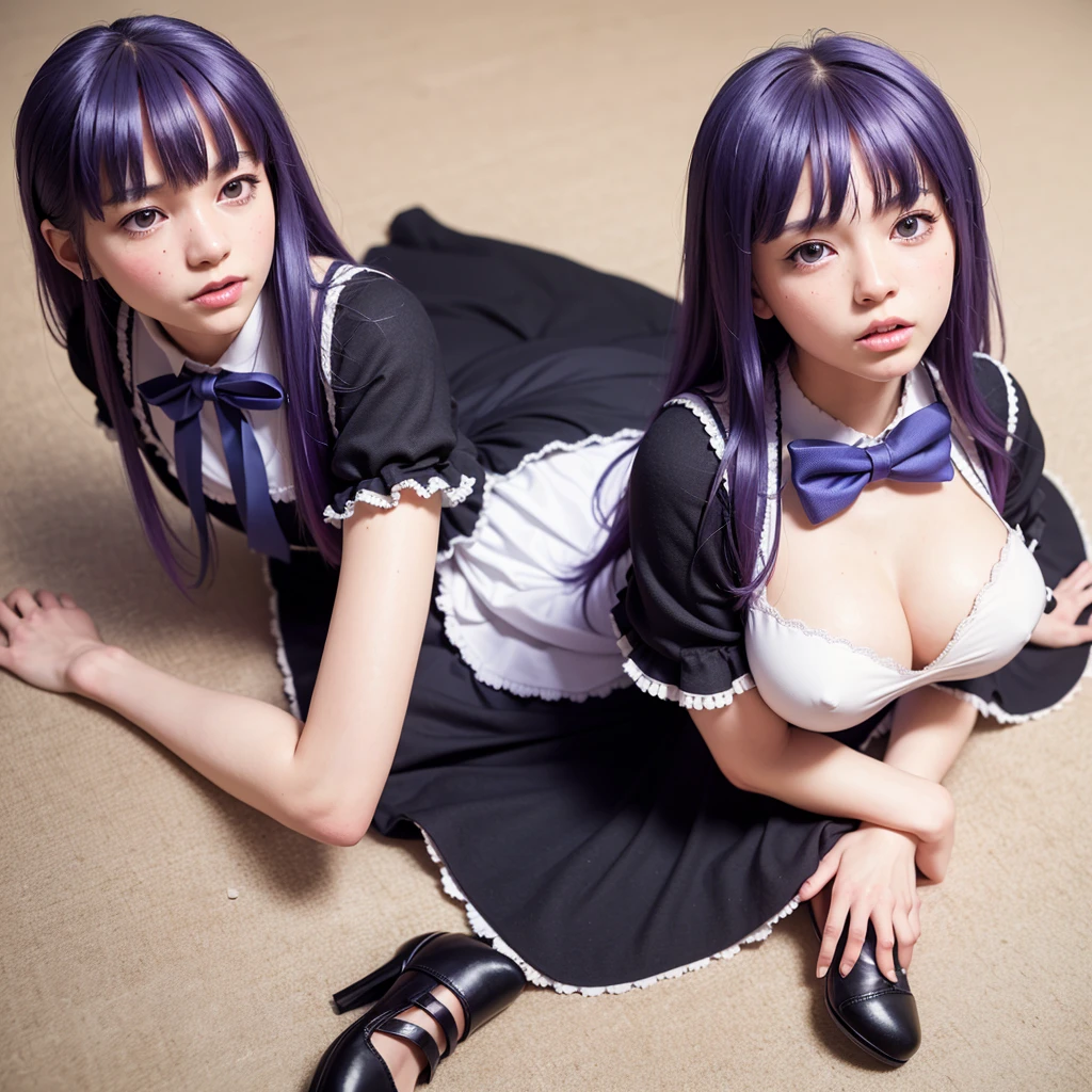 (8k, RAW photo, best quality, masterpiece:1.2), (realistic, photo-realistic:1.4), (extremely detailed 8k wallpaper),美しい顔,1girl,frederica bernkastel, purple hair,dress, bowtie, mary janes, sockscat tail, tail bow, tail ornamen,tpurple eyes