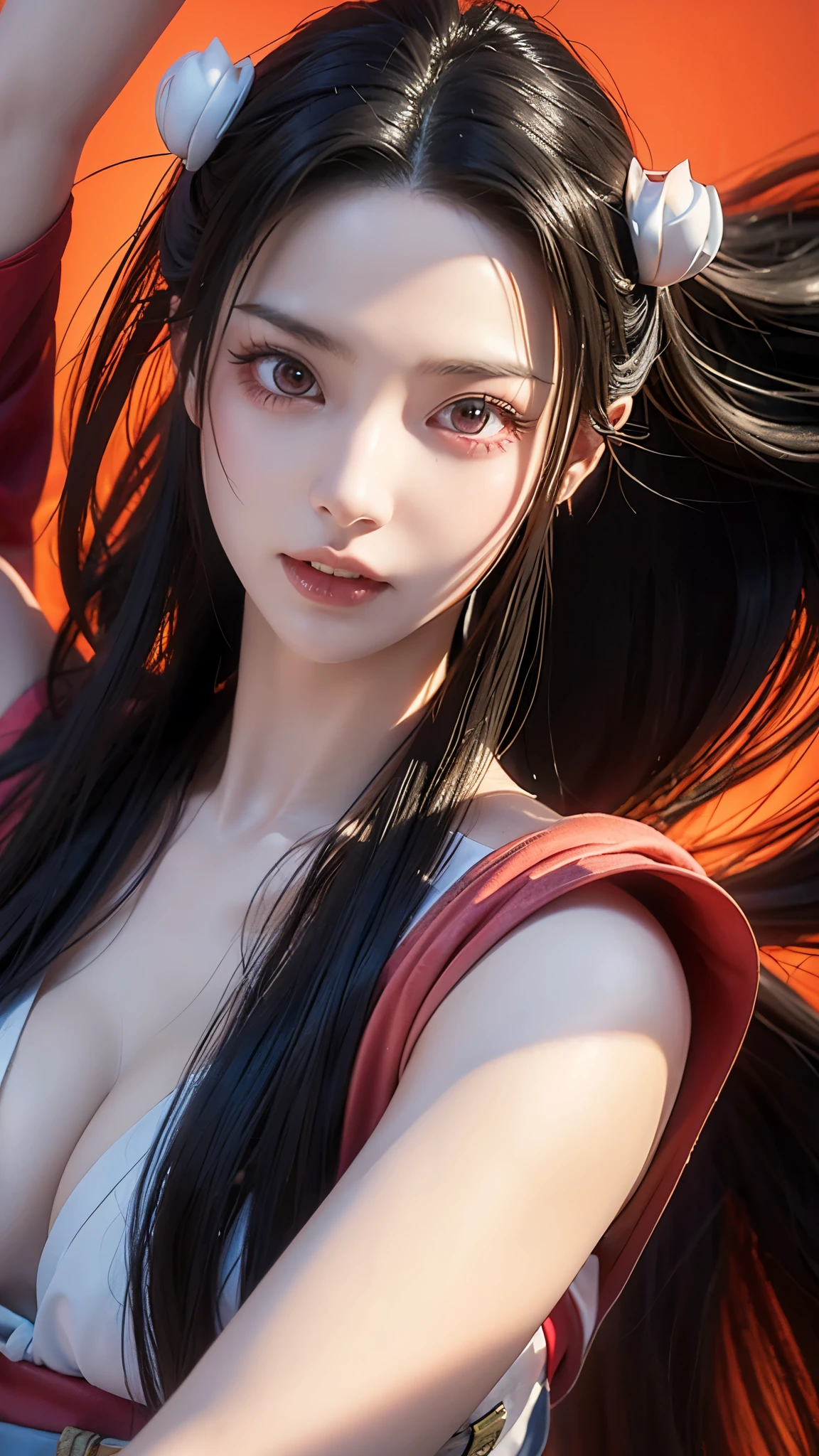 Here is the revised prompt in English:
---
A close-up shot of Nezuko from Demon Slayer in her demon form. Her face veins are bulging, her eyes are bright red, and she has horns sprouting from her forehead. She is biting down on a bamboo muzzle and is wearing her traditional kimono. Her expression is fierce and terrifying, embodying the full intensity of her demon transformation.