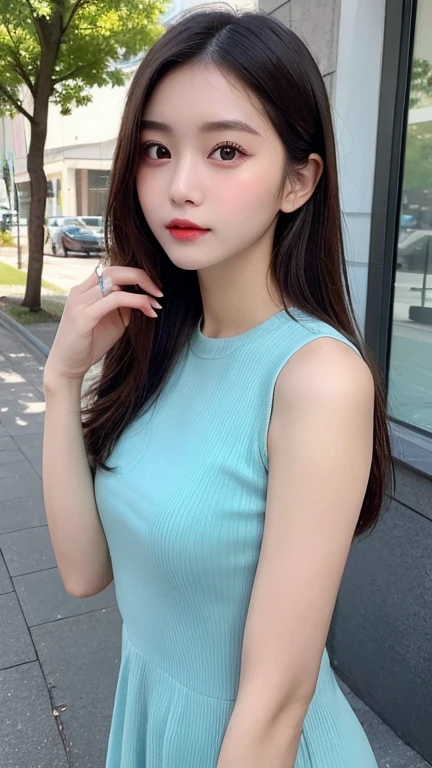 Tabletop, Highest quality, shape, Very detailed, finely, High resolution, 8k wallpaper, 完璧なダイナミックな構shape, Beautiful and exquisite, Nice spring clothes,Beautiful straight hair,Small breasts,Natural color lip, 20-year-old girl、cute、Always blur the background,Perfect and beautiful face,Beautiful and dense face、Slim face and figure,Big eyes、Putting on gal makeup,Actual Photos(Best image quality)、Fashion model posing、Full Body Shot、Change pose randomly、Randomly change the shooting angle and position、Summer Fashion
