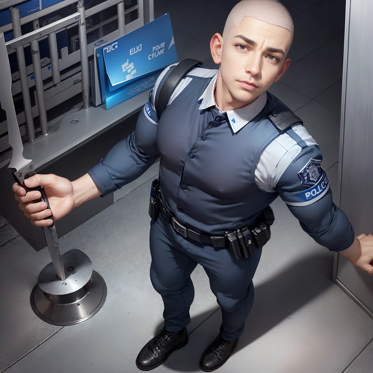 1man solo,From Below,A handsome police,blue police uniform,((((Police station standing guard)))),blush,clenched teeth,[thick eyebrows],(Crew cut:1.7),brown eyes,16k,high-quality image,perfect eye,(full body:1.4),(game cg:1.5),Top quality,super definition,omhigh detail,black hair