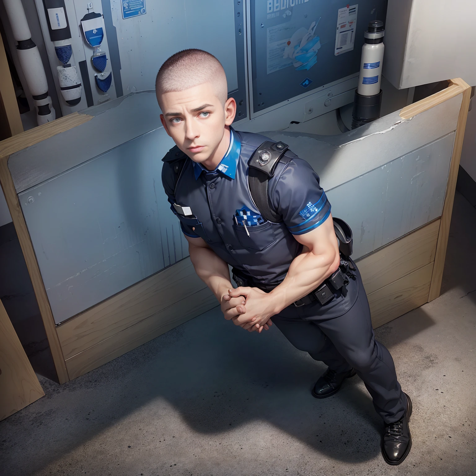 1man solo,From Below,A handsome police,blue police uniform,((((Police station standing guard)))),blush,clenched teeth,[thick eyebrows],(Crew cut:1.7),brown eyes,16k,high-quality image,perfect eye,(full body:1.4),(game cg:1.5),Top quality,super definition,omhigh detail,black hair