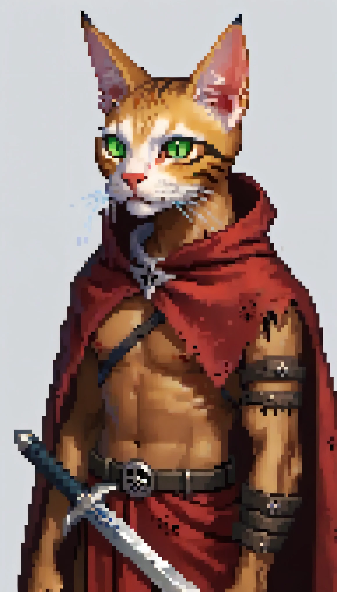 score_9, score_8_up, score_7_up, (clear simple background, white background, papyrus background), ((tabaxi), anthro, solo, female, (portrait), (focus), (holding, assassin, rogue), ((wearing dark robe, cape)), (cat fur)), beautiful, silver digger, shiny silver knife, damaged cat ear, tabaxi damaged ear, torn feline ear, battle scars on ear, sword cross-guard, old sword guard, (damaged in battel guard:0.5), scars, scars stripes, scars marks, battle scars, claw scars marks, ((damaged eye:1.3)), ((demon eye:1.3)), ((earrings, ear jewelery))