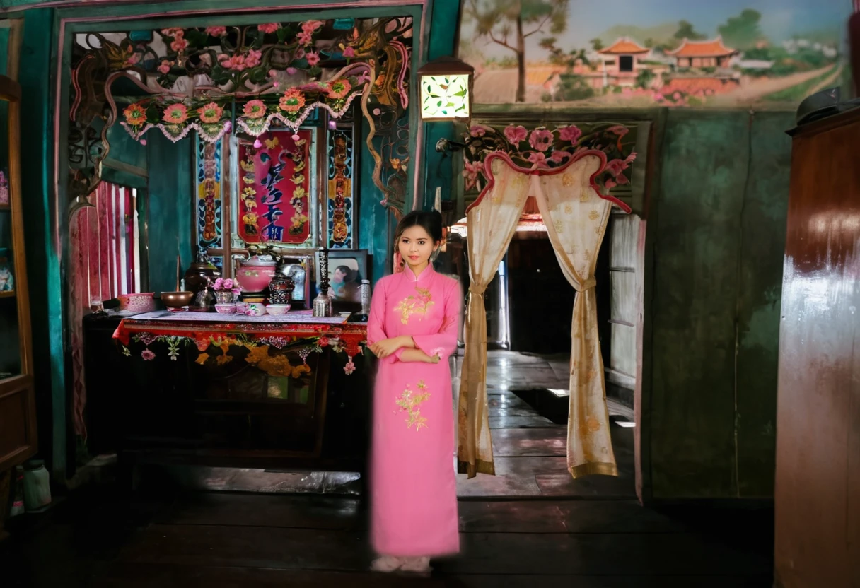 A Vietnamese girl stands with her arms crossed in house, Pink Ao Dai, Highly realistic photo, Portrait of a 20 year old Vietnamese young girl,