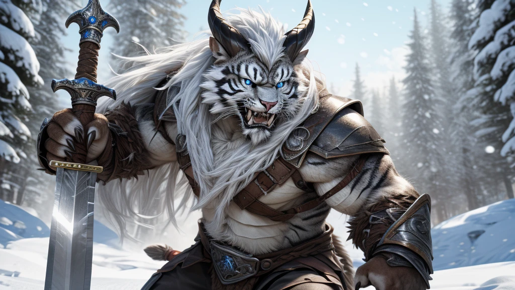 head、Animal cat face、A pair of dragon horns，Fluffy white hair all over the body、Heavy breathing、Gnashing of teeth,Serious expression,Fluffy belly、Leather Armor，Viking style，wildcat、blue eyes，(contour）The whole body is covered with long white hair、Hairy body、Long and thick armpit hair、Fangs、4K，Black and white photo tree background，Snow Scene，Sharp claws、Capture the composition of the whole body、Fighting stance with weapons/spear/Great Sword/gun