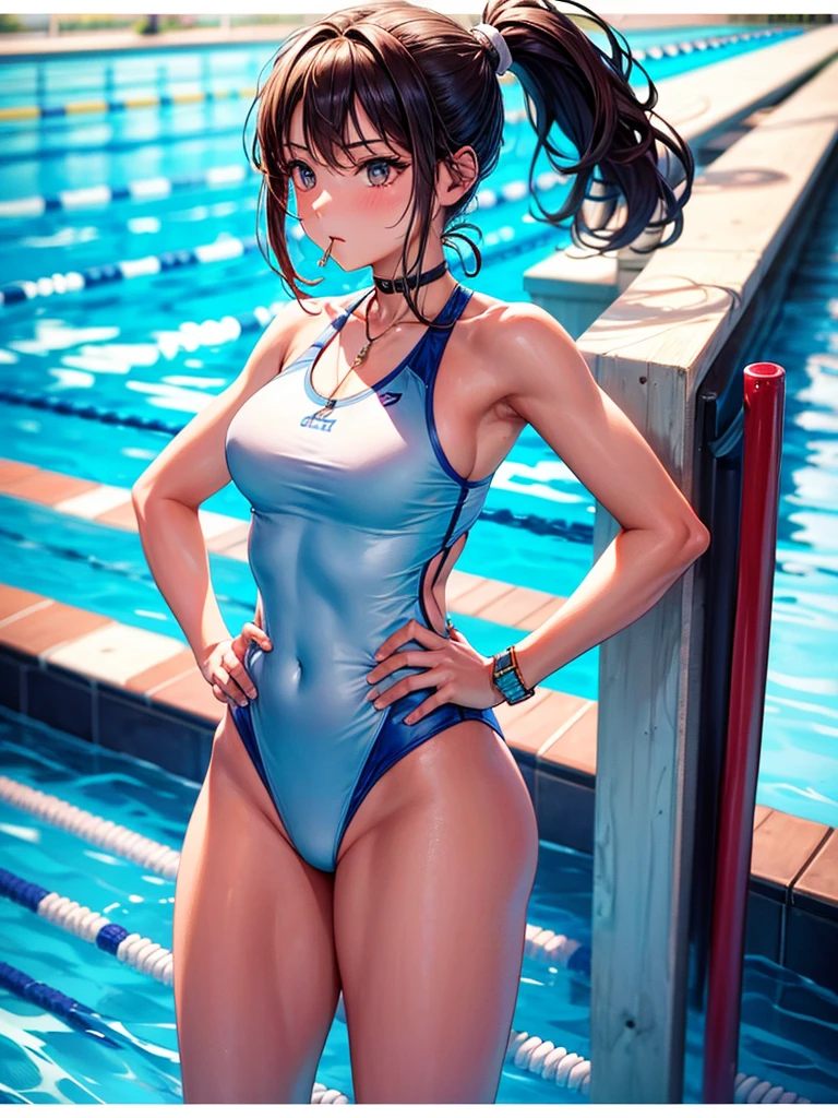 Highest quality,Highest Resolution,Pool coach beautiful girl,High leg,ponytail,A whistle hanging from his neck,Competition Pool,front,whole body,Hands on ????,
