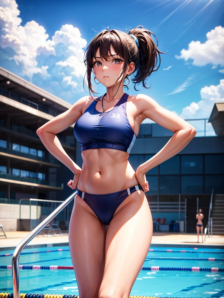 Highest quality,Highest Resolution,Pool coach beautiful girl,High leg,ponytail,A whistle hanging from his neck,Competition Pool,front,whole body,Hands on hips,
