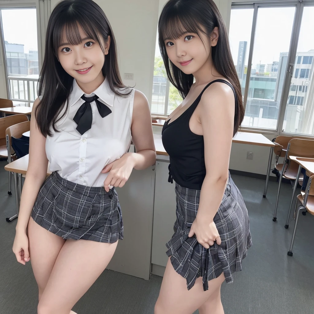 (from below:1.2)、(high school girl、Checked micro mini skirt、Sleeveless、tie、Ass、Black Hair、Big Ass、School classroom)、Extremely sexy、smile、Professional Lighting、Small waist、Beautiful adult woman、Captivating thighs、Very large breasts、Cleavage、Are standing