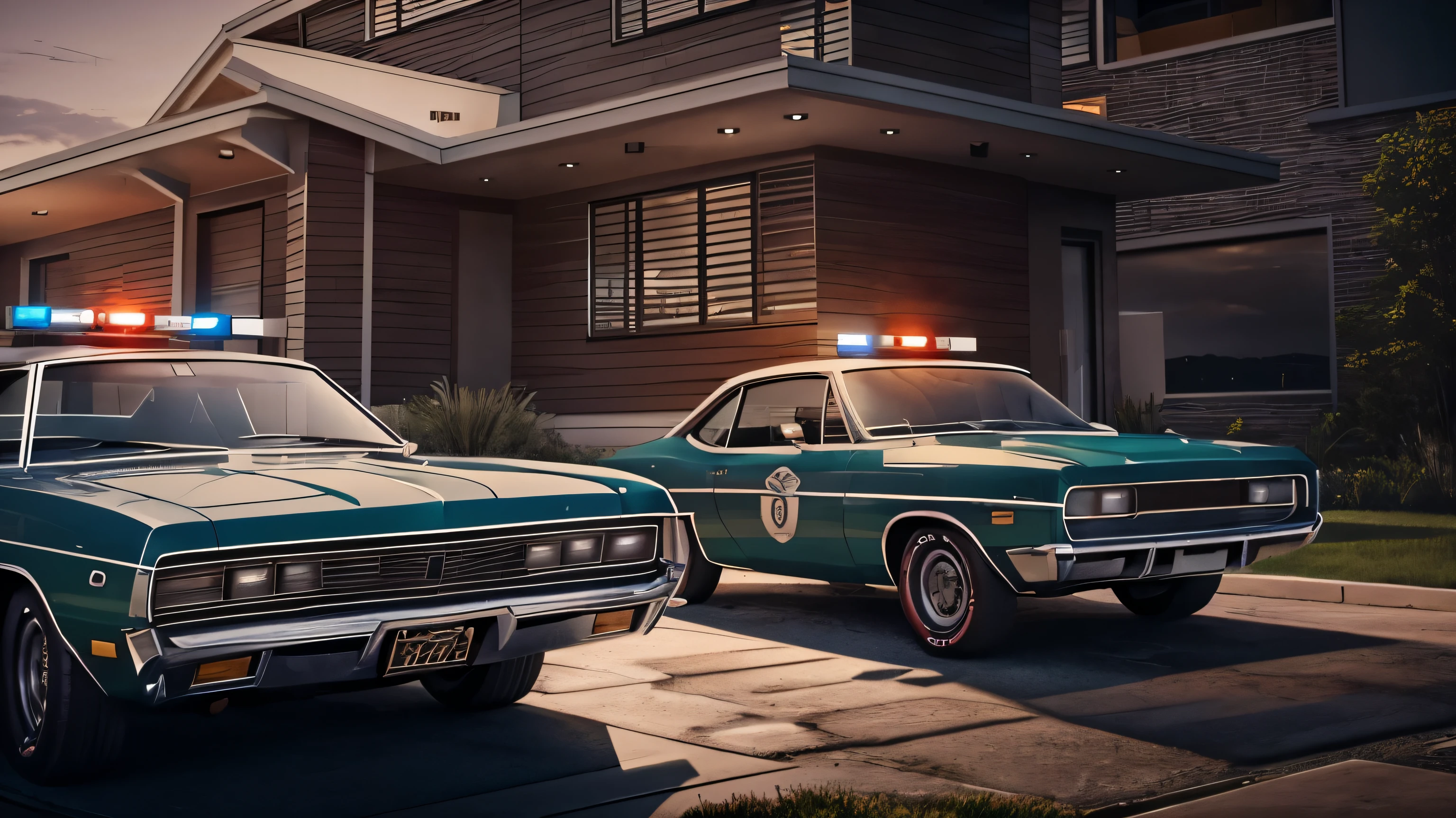 1970s urban home,police cars surrounding the house,cinematic lighting,dramatic shadows,muted color palette,moody atmosphere,gritty realism,high contrast,sharp details,photorealistic,masterpiece,(best quality,8k,ultra-detailed,professional)