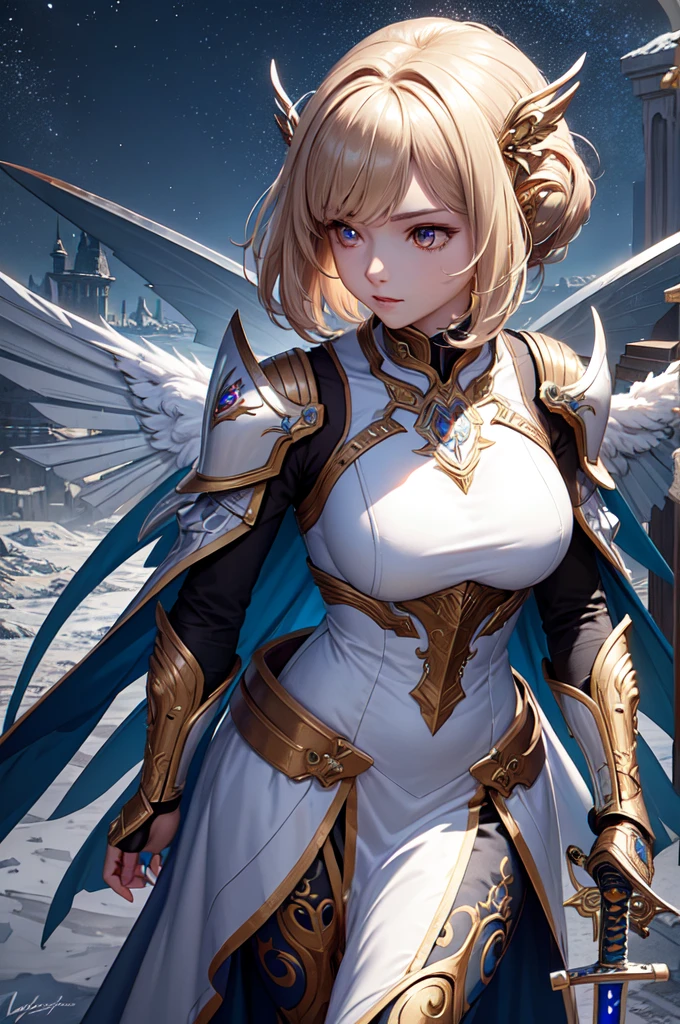 (Masterpiece, Best Quality: 1.3), Extremely Detailed, Intricate, 8k, HDR, Wallpaper, Cinematic Lighting, (Universe), (Sword Grip: 1.3), Glowing, Armor, Glowing Eyes, Female Mecha, Large Wings,