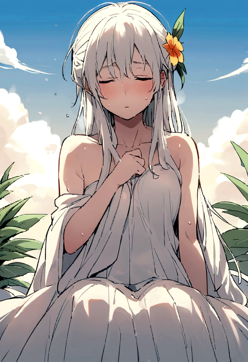 (masterpiece, best quality),1girl with long white hair sitting in a field of green plants and flowers, her hand under her chin, warm lighting, white dress, blurry foreground (topless) (tiny shorts)