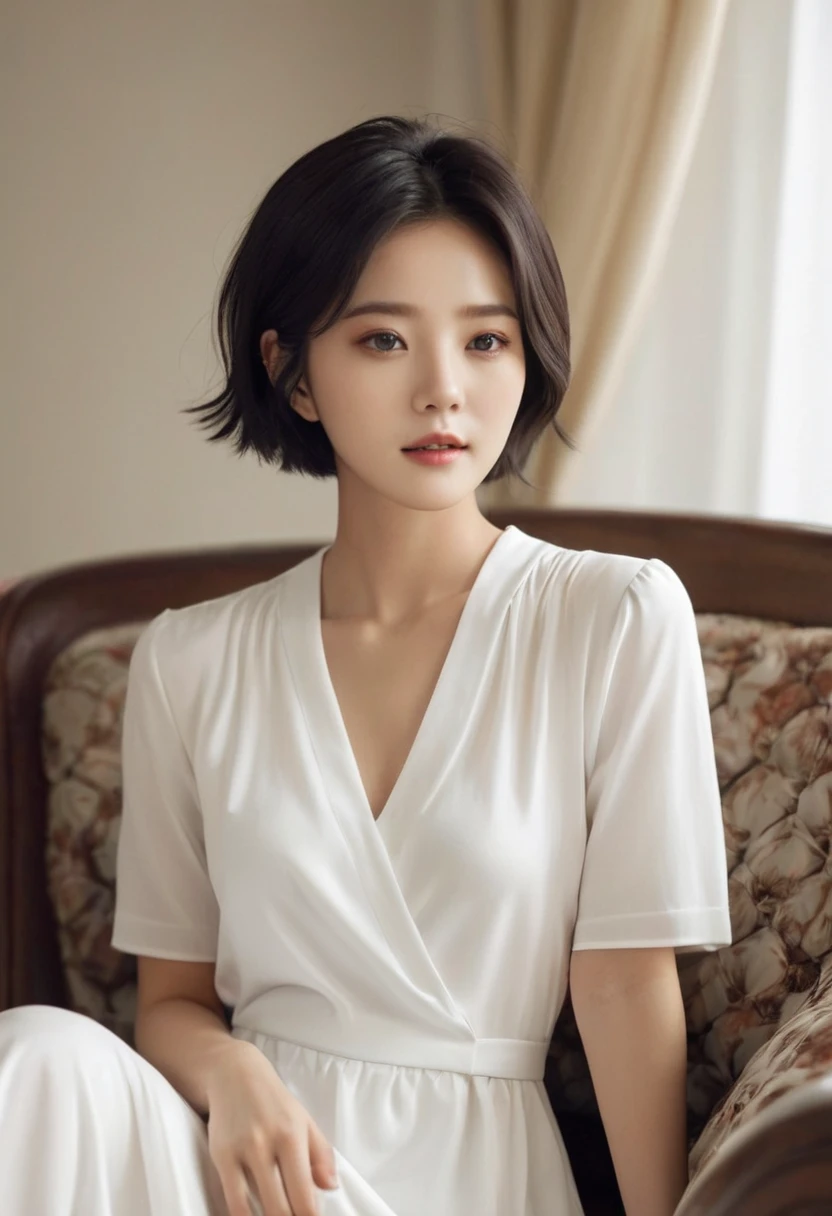 Comfortable everyday look, woman in white dress， living room, Inspired by Jiwon Kim, jiyun chae, inspired by Russell Lu Dongjun, Song inspired by Gao Qipei, by Russell Lu Dongjun, Inspired by Shin Min-jeong., /Short hair