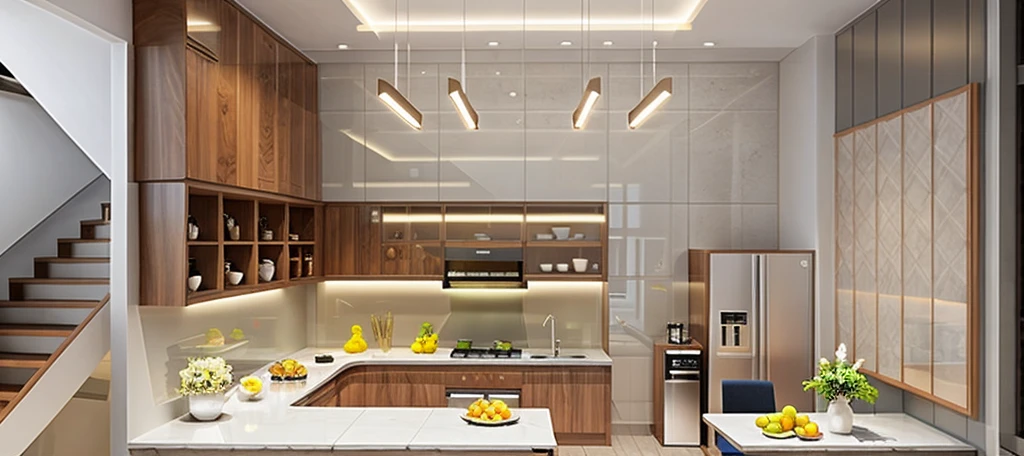 Minimalist kitchen interior, aluminum and glass kitchen cabinets, gray plastered walls, 600x600 tiled floor, refrigerator, cozy lighting