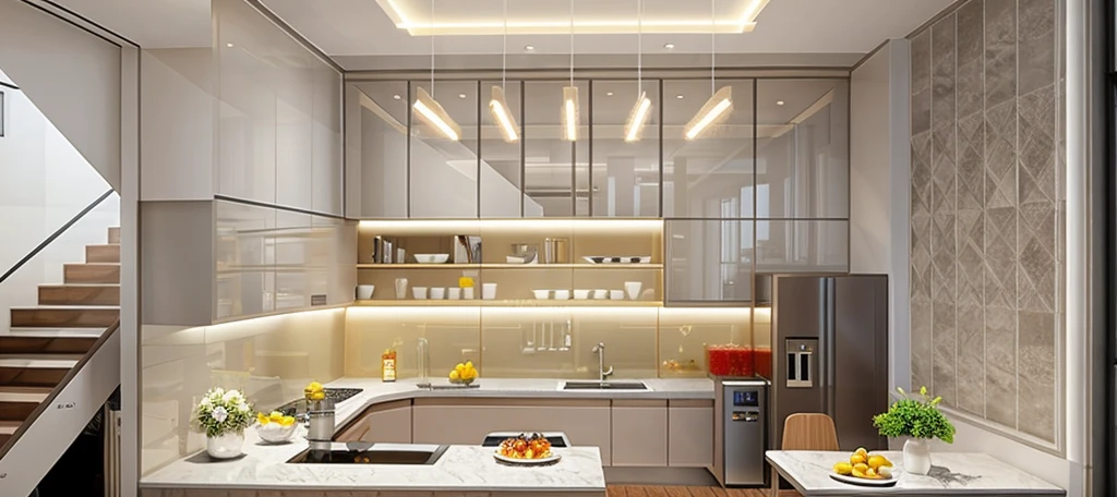 Minimalist kitchen interior, aluminum and glass kitchen cabinets, gray plastered walls, 600x600 tiled floor, refrigerator, cozy lighting